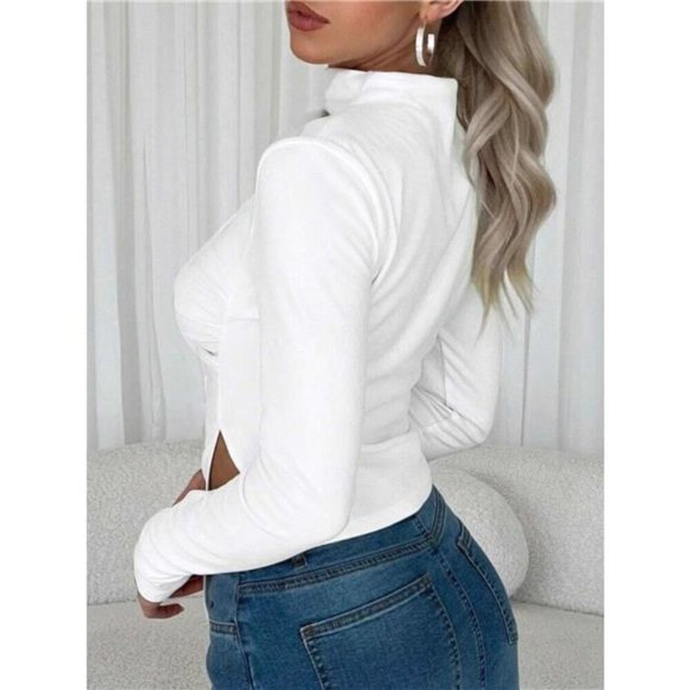 Asymmetrical Hem Mock Neck Top - Picture 4 of 5